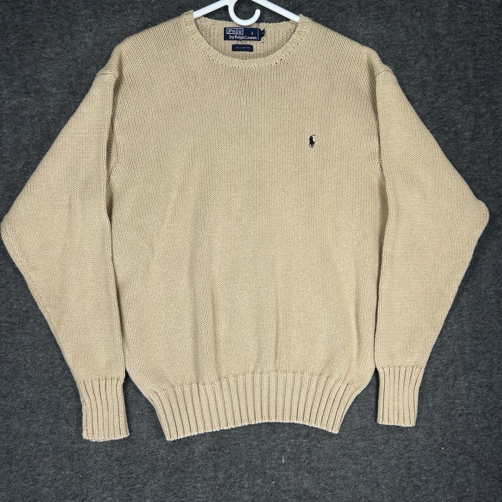 Vintage Polo Ralph Lauren Sweater Men XL Beige Crewneck Chunky Knit‎ Preppy